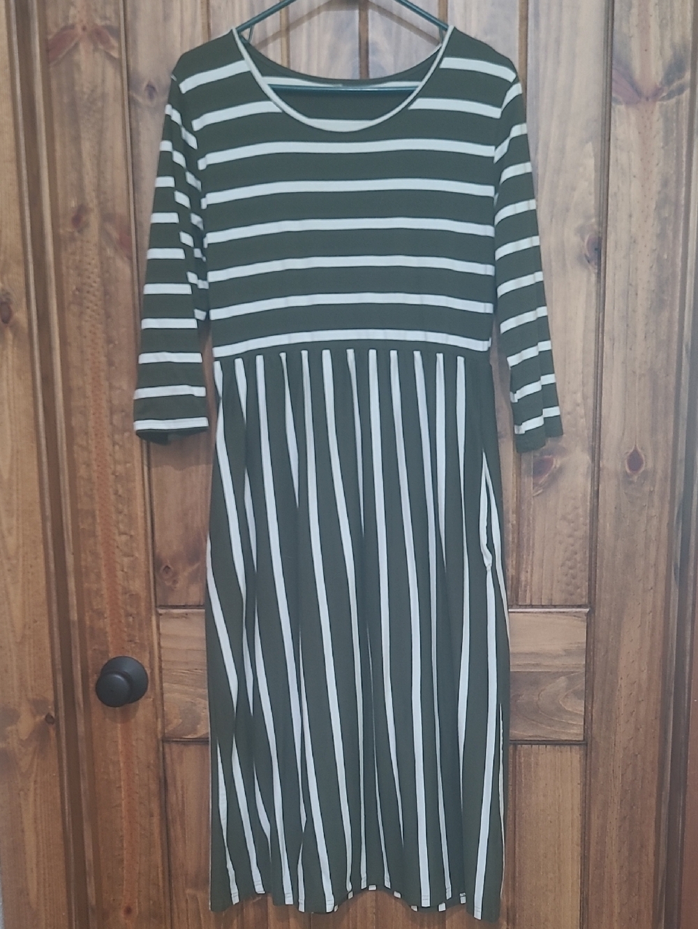 Knit Striped Olive Green & White Midi Dress With Pockets
